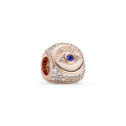 Eye, hamsa hand and  feather 14k rosegold-plated charm with true blue crystal, clear cubic zirconia 