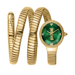 JUST CAVALLI Women Watch, Gold Color Case, Dark Green Dial, Gold Color Metal Bracelet, 2 Hands, 3 AT