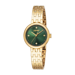 ESPRIT Women Watch, Gold Color Case, Dark Green Dial, Gold Color Metal Bracelet, 3 Hands, 3 ATM