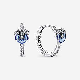 Pansy sterling silver hoop earrings with clear cubic zirconia, shaded blue and white enamel