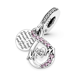Mom infinity sterling silver dangle with clear cubic zirconia and fancy fairy tale pink cubic zircon