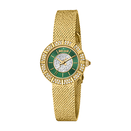 JUST CAVALLI Women Watch, Gold Color Case, Dark Green Dial, Gold Color Mesh Bracelet, 3 Hands, 3 ATM