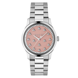 38mm steel case, pink lacquered dial with bees, steel bracelet