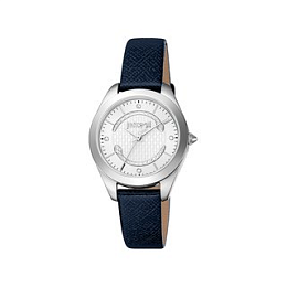 JUST CAVALLI Women Watch, Silver Color Case, Silver Dial, Dark Blue Leather Strap, 3 Hands, 5 ATM