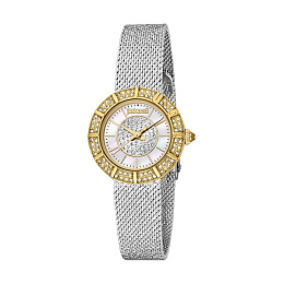 JUST CAVALLI Women Watch, Two Tone Silver & Gold Color Case, White MOP Dial, Silver Color Mesh Brace
