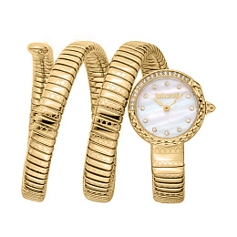 JUST CAVALLI Women Watch, Gold Color Case, White MOP Dial, Gold Color Metal Bracelet, 2 Hands, 3 ATM