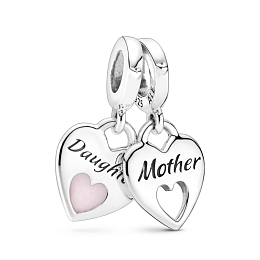 Mother and daughter hearts sterling silversplit dangle withshimmering pinkenamel /799187C01