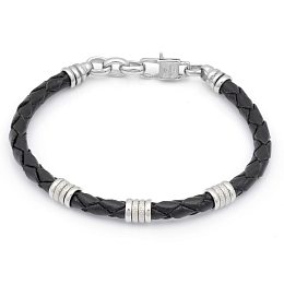 Stainless steel and black braided leather bracelet