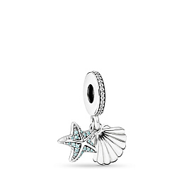 Starfish and shell silver dangle with frosty mint cubic zirconia and clear cubic zirconia/Серебряная