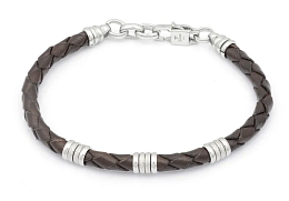 Stainless steel and dark brown braided leather bracelet with central semi-finished products complete