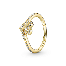 Heart and wishbone 14k gold-plated ring with clear cubic zirconia