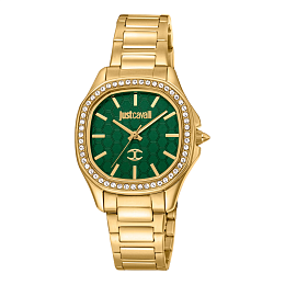 JUST CAVALLI Women Watch, Gold Color Case, Dark Green Dial, Gold Color Metal Bracelet, 3 Hands, 5 AT