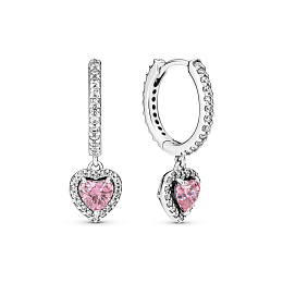 Heart sterling silver hoop earrings with fancy pink and clear cubic zirconia