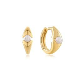 Gold Pearl Geometric Huggie Hoop Earrings