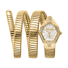 JUST CAVALLI Women Watch, Gold Color Case, Silver Dial, Gold Color Metal Bracelet, 2 Hands, 3 ATM