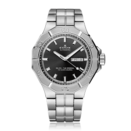 Delfin automatic day-date / Stainless steel case and bracelet / Black dial 
