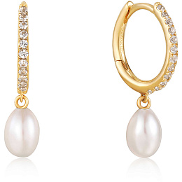 14KT Gold Pearl Drop And White Sapphire Huggie Hoop Earrings