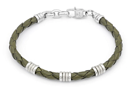 Stainless steel and green braided leather bracelet