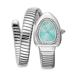 JUST CAVALLI Women Watch, Silver Color Case, Turquoise Dial, Stainless Steel Metal Bracelet, 2 Hands