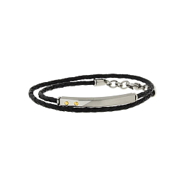 Stainless steel and black leather bracelet with steel plate and 18kt gold screws (gr 0.04) complete 