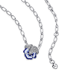 Pansy sterling silver necklace with clear cubic zirconia, shaded blue and white enamel