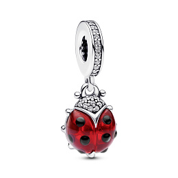 Ladybird sterling silver dangle with salsa red crystal, clear cubic zirconia and black enamel