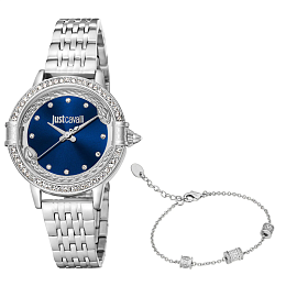 JUST CAVALLI Women Watch, Silver Color Case, Dark Blue Dial, Stainless Steel Metal Bracelet, 3 Hands