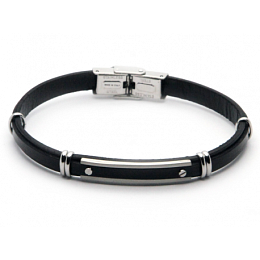 Stainless steel and black leather bracelet with central plate and screws complete with gift box
