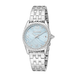 JUST CAVALLI Women Watch, Silver Color Case, Light Blue Dial, Stainless Steel Metal Bracelet, 3 Hand