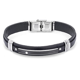 Stainless steel bracelet and black leather bracelet with PVD steel plate complete with gift box