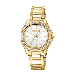 JUST CAVALLI Women Watch, Gold Color Case, Silver Dial, Gold Color Metal Bracelet, 3 Hands, 5 ATM