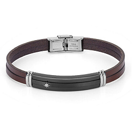 Stainless steel bracelet and brown leather with black plate and pole star complete with gift box