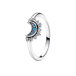 Celestial moon sterling silver ring with night blue crystal and clear cubic zirconia