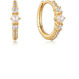14KT Gold Pearl And White Sapphire Huggie Hoop Earrings