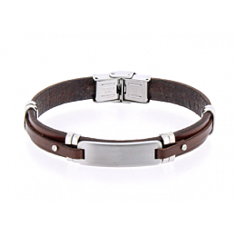 Stainless steel and brown leather bracelet with central steel plate complete with gift box