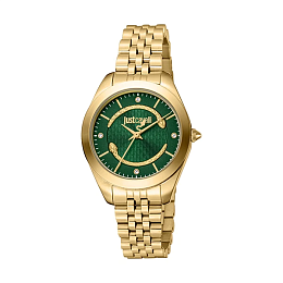 JUST CAVALLI Women Watch, Gold Color Case, Dark Green Dial, Gold Color Metal Bracelet, 3 Hands, 5 AT