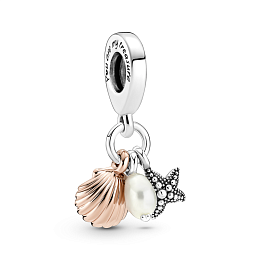 Starfish, pearl and shell sterling silver and 14k rose gold-plated dangle with white freshwater cult