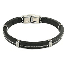 Stainless steel and black leather bracelet with ce