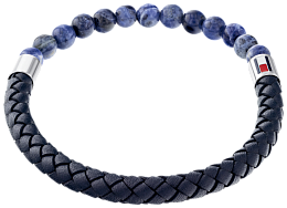 BR-BRABF-M-SSLED-BEAD-185.00 BRAID & BEAD FUSION BRACELET - SS WITH BLUE LEATHER AND DARK