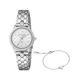 JUST CAVALLI Women Watch, Silver Color Case, Silver Dial, Stainless Steel Metal Bracelet, 3 Hands, 5