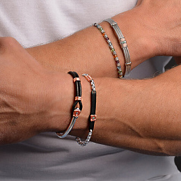 Semi-rigid steel bracelet with black leather and rosé links and Black Diamond (0.025 ct) complete wi