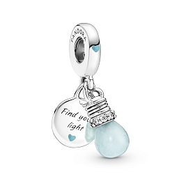 Lightbulb sterling silver dangle with clear cubic zirconia, light blue luminescent glass and blue