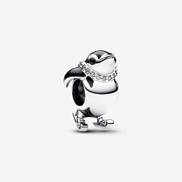 Skiing penguin sterling silver charm with clear cubic zirconia and black enamel