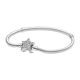 Snake chain sterling silver bracelet  star clasp and clear cubic zirconia /599639C01-17