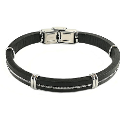 Stainless steel and black leather bracelet and cen
