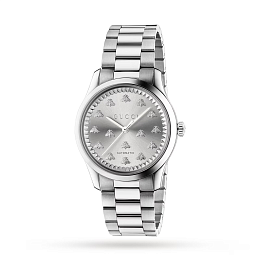 38mm steel case, silver sunbrushed dial with bees, steel bracelet