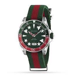 Steel case, green and red bezel, green rubber crown, green dial with multi icon indexes