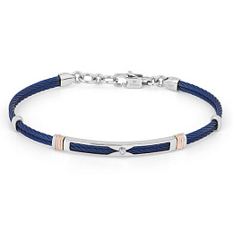 Blue PVD steel cable bracelet with knurled rosé links and Natural Diamond (0.015 ct) complete with g