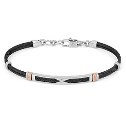 Black PVD steel cable bracelet with knurled rosé links and Natural Diamond (0.015 ct) complete with 