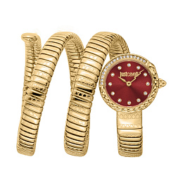 JUST CAVALLI Women Watch, Gold Color Case, Red Dial, Gold Color Metal Bracelet, 2 Hands, 3 ATM